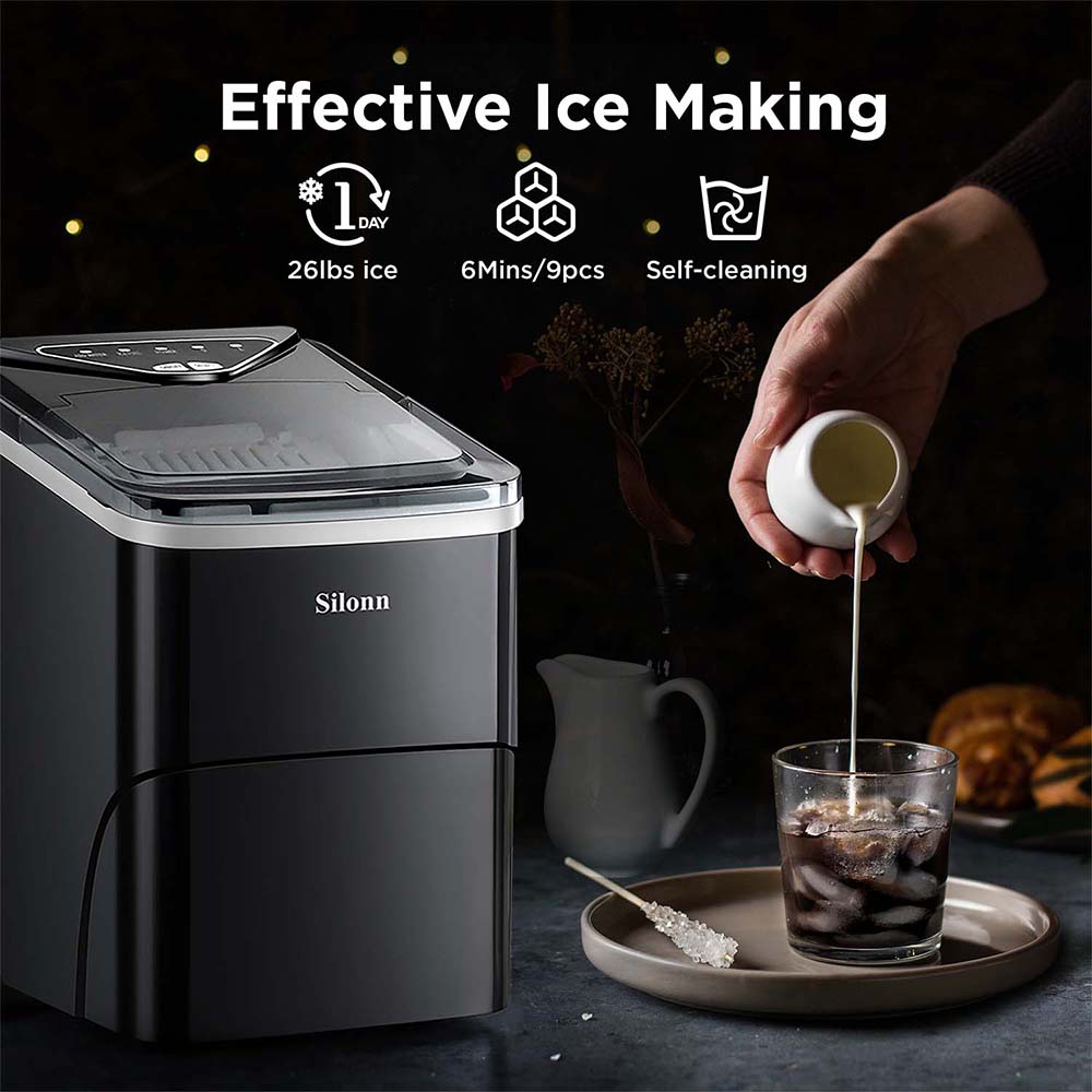 Silonn Ice Maker Countertop, Portable Ice Machine with Carry Handle, Self-Cleaning Ice Makers with Basket and Scoop, 9 Cubes in 6 Mins, 26 lbs per