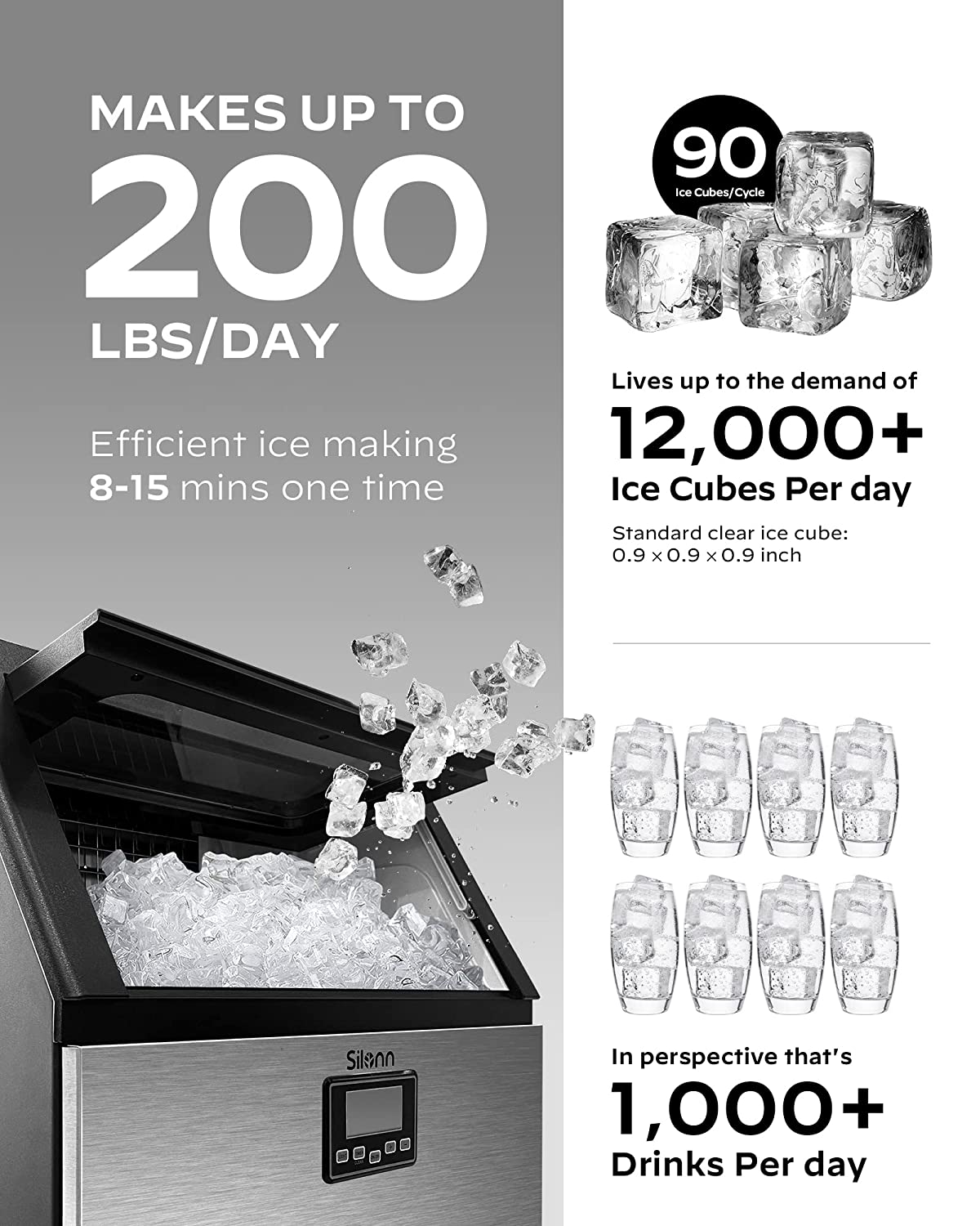 Commercial Cube Ice Maker with LCD Screen (200 Lbs)