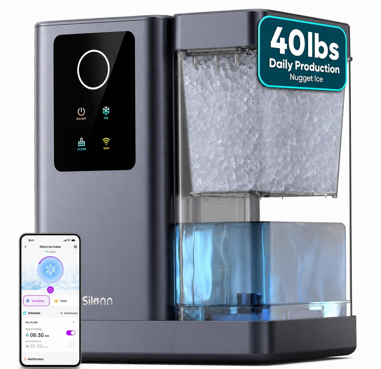 Silonn Nugget Ice Maker Countertop, Auto Drop Ice, Self Cleaning Ice Machine, 40 lbs/24H Soft Chewable Ice, Self Dispensing Nugget Ice Maker for Home, Kitchen and Party