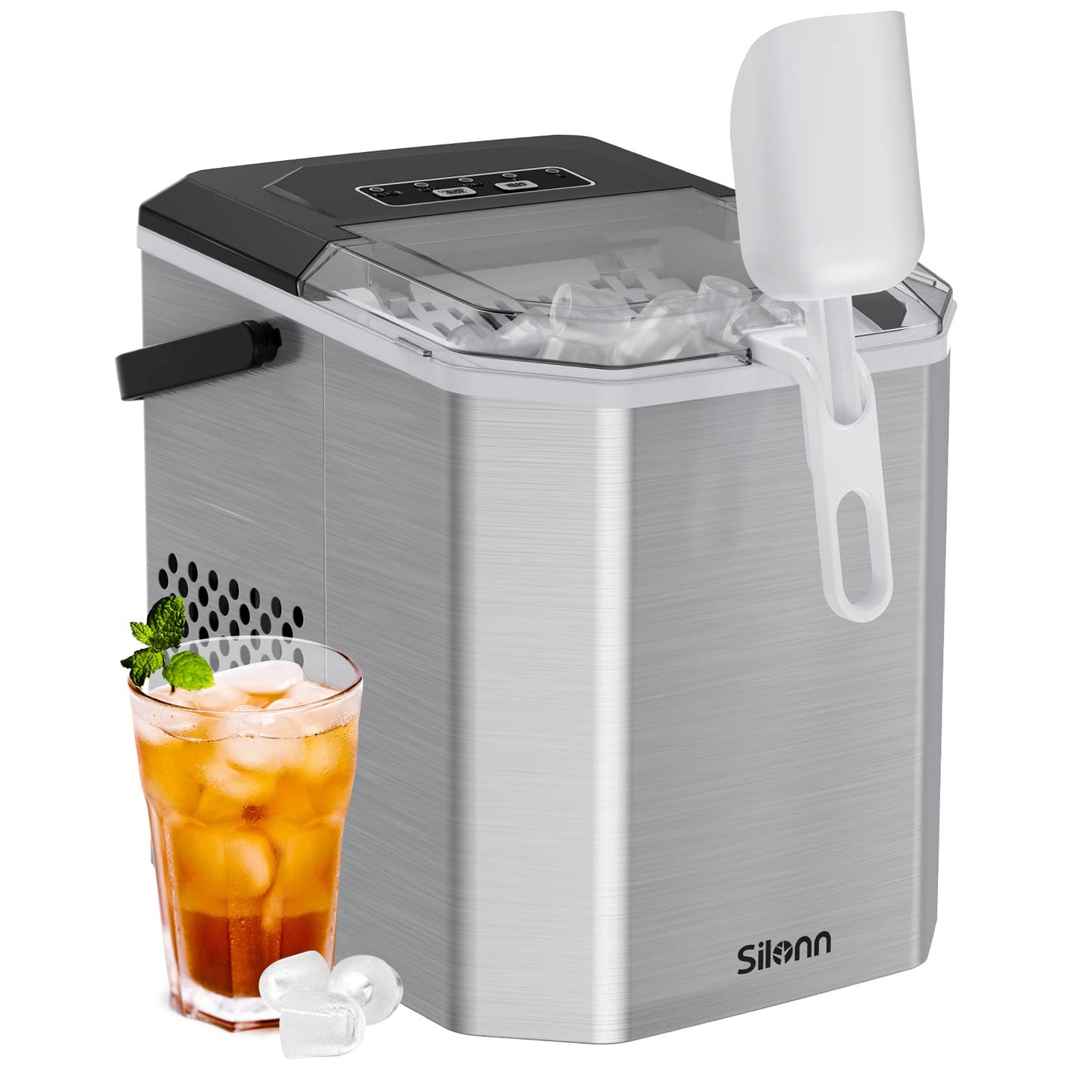 Silonn Ice Maker Countertop, 8 Ice Cubes in 6 Mins, 26.5 lbs/24H, 2 Bullet Ice Sizes, Self-Cleaning Bullet Ice Maker, Portable Ice Machine for Kitchen, Party, Office, and RV Camping