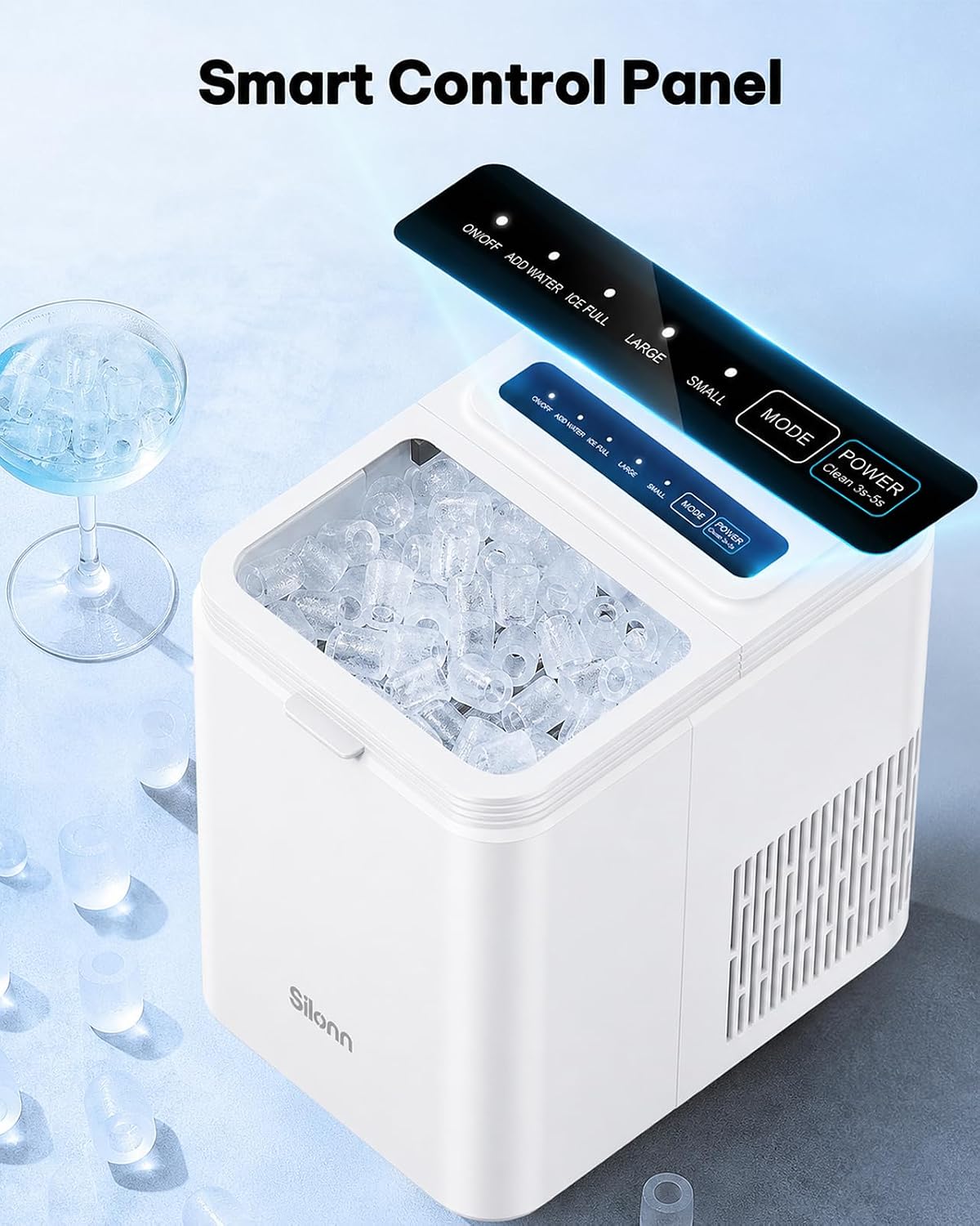 Silonn Ice Maker Countertop, 8 Ice Cubes in 6 Mins, 26.5 lbs/24H, 2 Bullet Ice Sizes, Self-Cleaning Bullet Ice Maker, Portable Ice Machine for Kitchen, Party, Office, and RV Camping