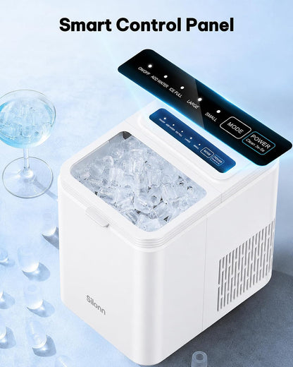 Silonn Ice Maker Countertop, 8 Ice Cubes in 6 Mins, 26.5 lbs/24H, 2 Bullet Ice Sizes, Self-Cleaning Bullet Ice Maker, Portable Ice Machine for Kitchen, Party, Office, and RV Camping