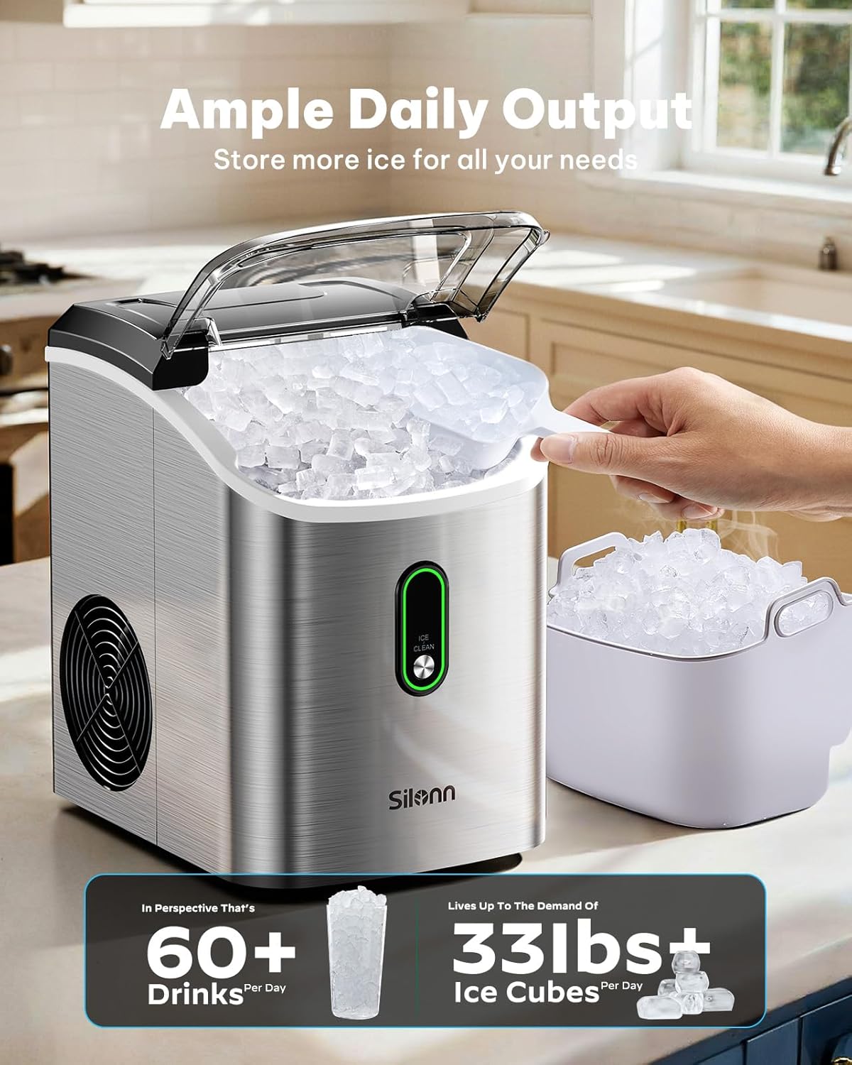 Silonn Nugget Ice Maker Countertop, Pellet Ice Machine with Self-Cleaning Function, Sonic Ice Maker Produces 33lbs of Chewable Ice in 24 Hours, Ideal for Home Kitchen and Office (Black)
