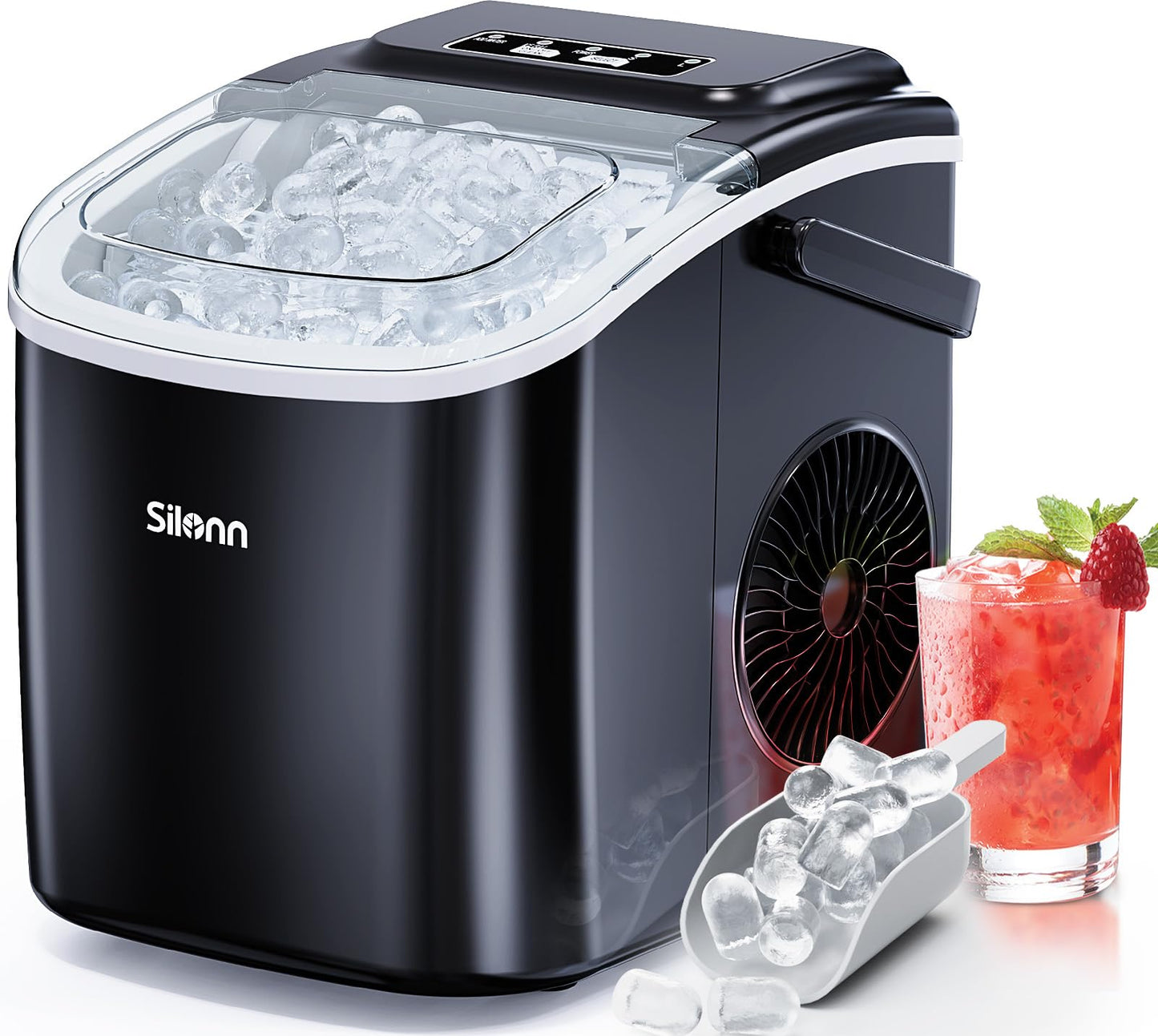 Silonn Ice Maker Countertop, 8 Ice Cubes in 6 Mins, 26.5 lbs/24H, 2 Bullet Ice Sizes, Self-Cleaning Bullet Ice Maker, Portable Ice Machine for Kitchen, Party, Office, and RV Camping