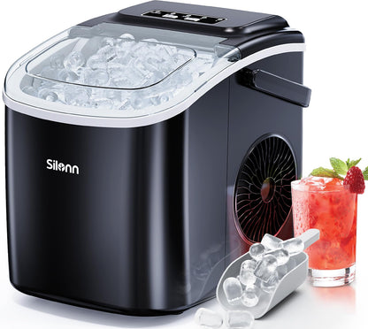 Silonn Ice Maker Countertop, 8 Ice Cubes in 6 Mins, 26.5 lbs/24H, 2 Bullet Ice Sizes, Self-Cleaning Bullet Ice Maker, Portable Ice Machine for Kitchen, Party, Office, and RV Camping