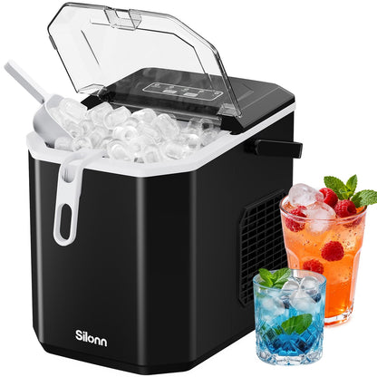 Silonn Ice Maker Countertop, 8 Ice Cubes in 6 Mins, 26.5 lbs/24H, 2 Bullet Ice Sizes, Self-Cleaning Bullet Ice Maker, Portable Ice Machine for Kitchen, Party, Office, and RV Camping