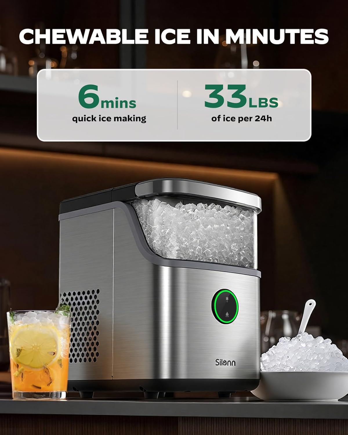 Silonn Nugget Ice Maker Countertop with Detachable Basket and Handle
