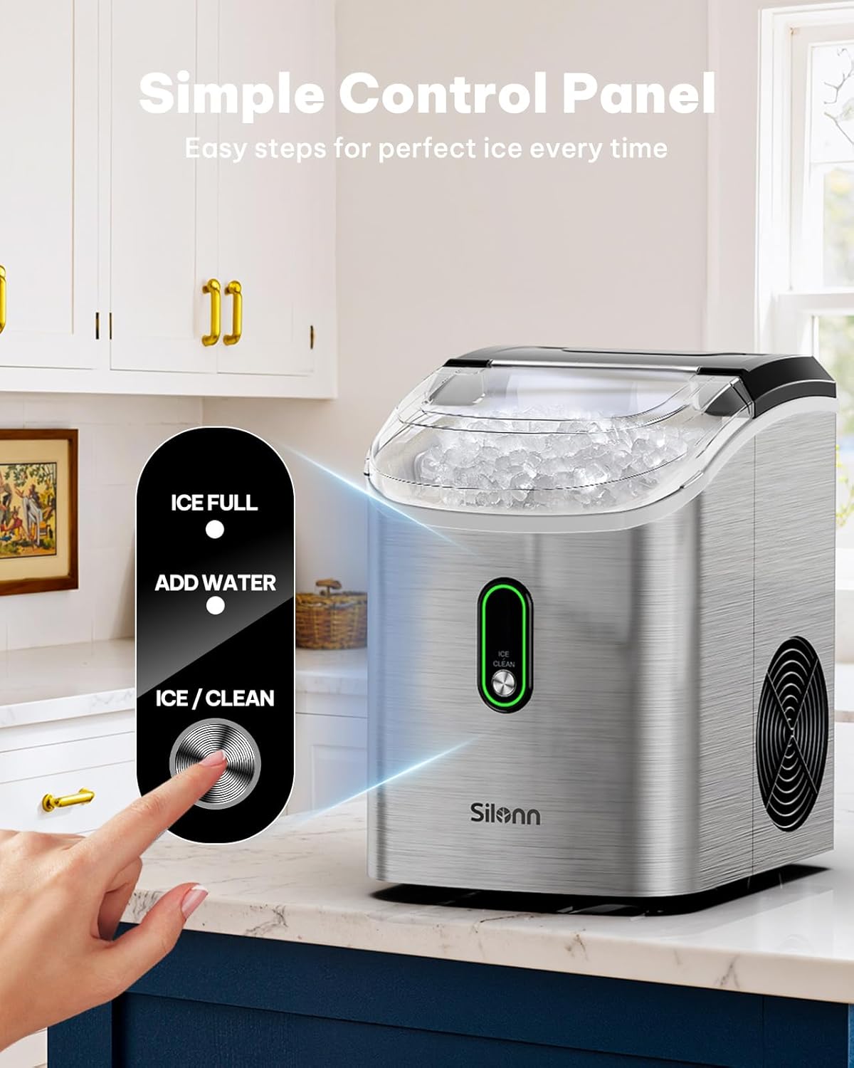Silonn Nugget Ice Maker Countertop, Pellet Ice Machine with Self-Cleaning Function, Sonic Ice Maker Produces 33lbs of Chewable Ice in 24 Hours, Ideal for Home Kitchen and Office (Black)