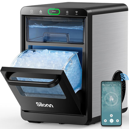Silonn Ice Maker Countertop, 8 Ice Cubes in 6 Mins, 26.5 lbs/24H, 2 Bullet Ice Sizes, Self-Cleaning Bullet Ice Maker, Portable Ice Machine for Kitchen, Party, Office, and RV Camping