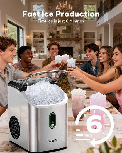 Silonn Nugget Ice Maker Countertop, Pellet Ice Machine with Self-Cleaning Function, Sonic Ice Maker Produces 33lbs of Chewable Ice in 24 Hours, Ideal for Home Kitchen and Office (Black)