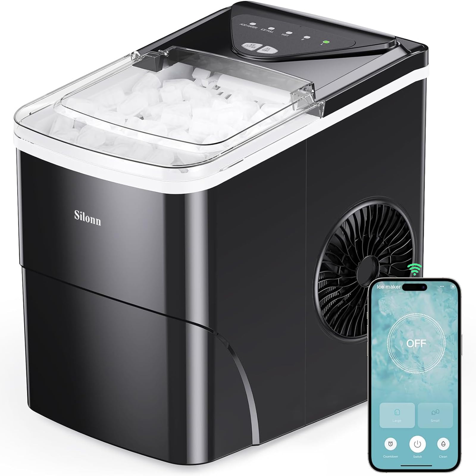 Silonn Ice Maker Countertop, 8 Cubes in 6 Mins, 26.5lbs/24H, Self-Cleaning