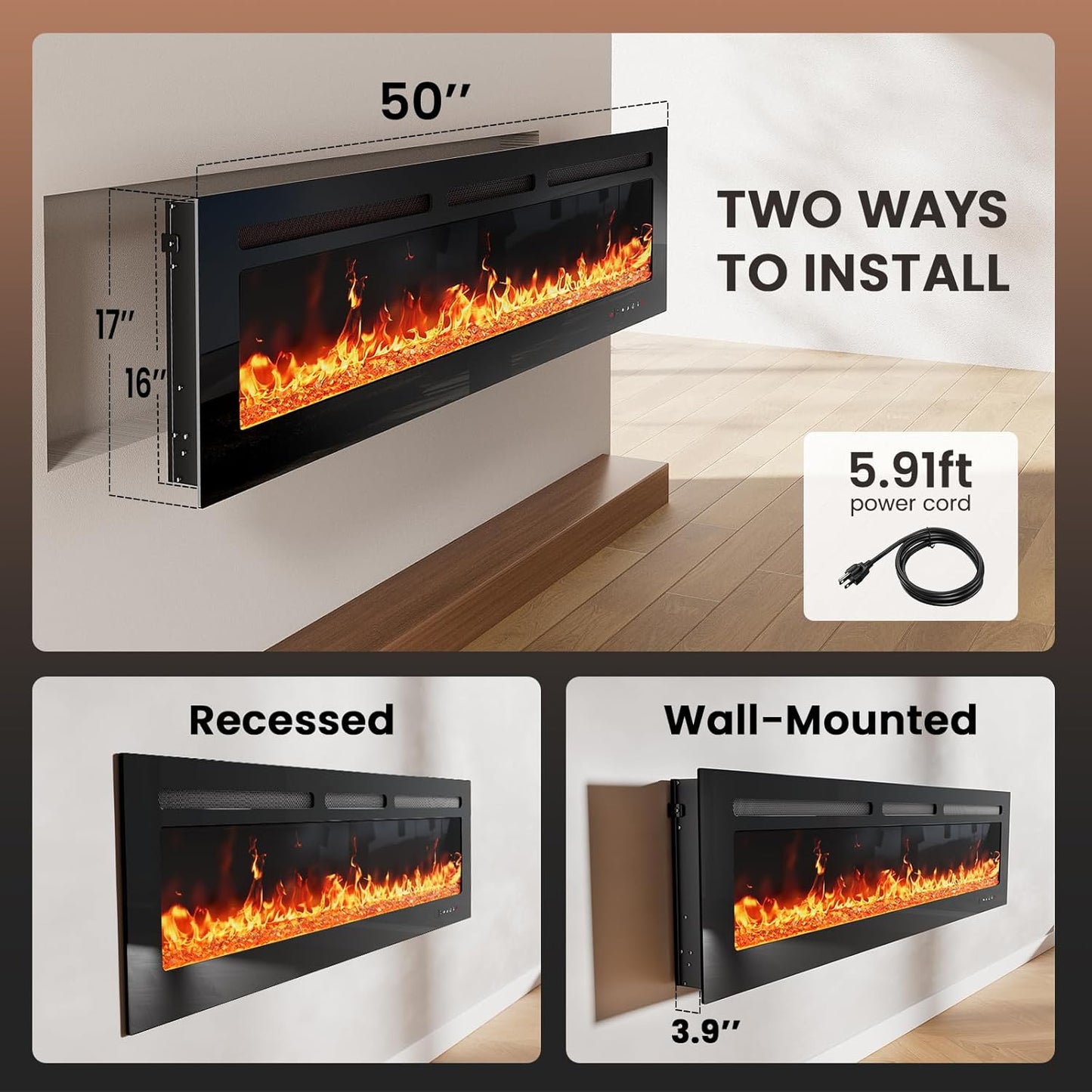 50-Inch Electric Fireplace Heater with App & Remote Control