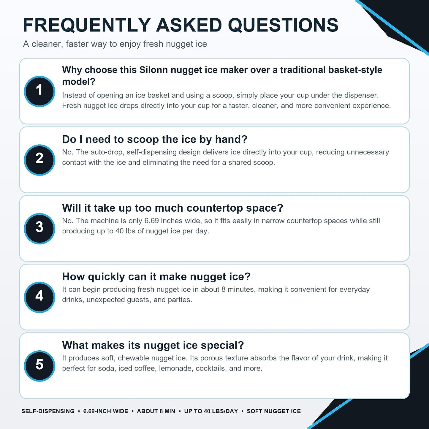Silonn Nugget Ice Maker Countertop, Auto Drop Ice, Self Cleaning Ice Machine, 40 lbs/24H Soft Chewable Ice, Self Dispensing Nugget Ice Maker for Home, Kitchen and Party