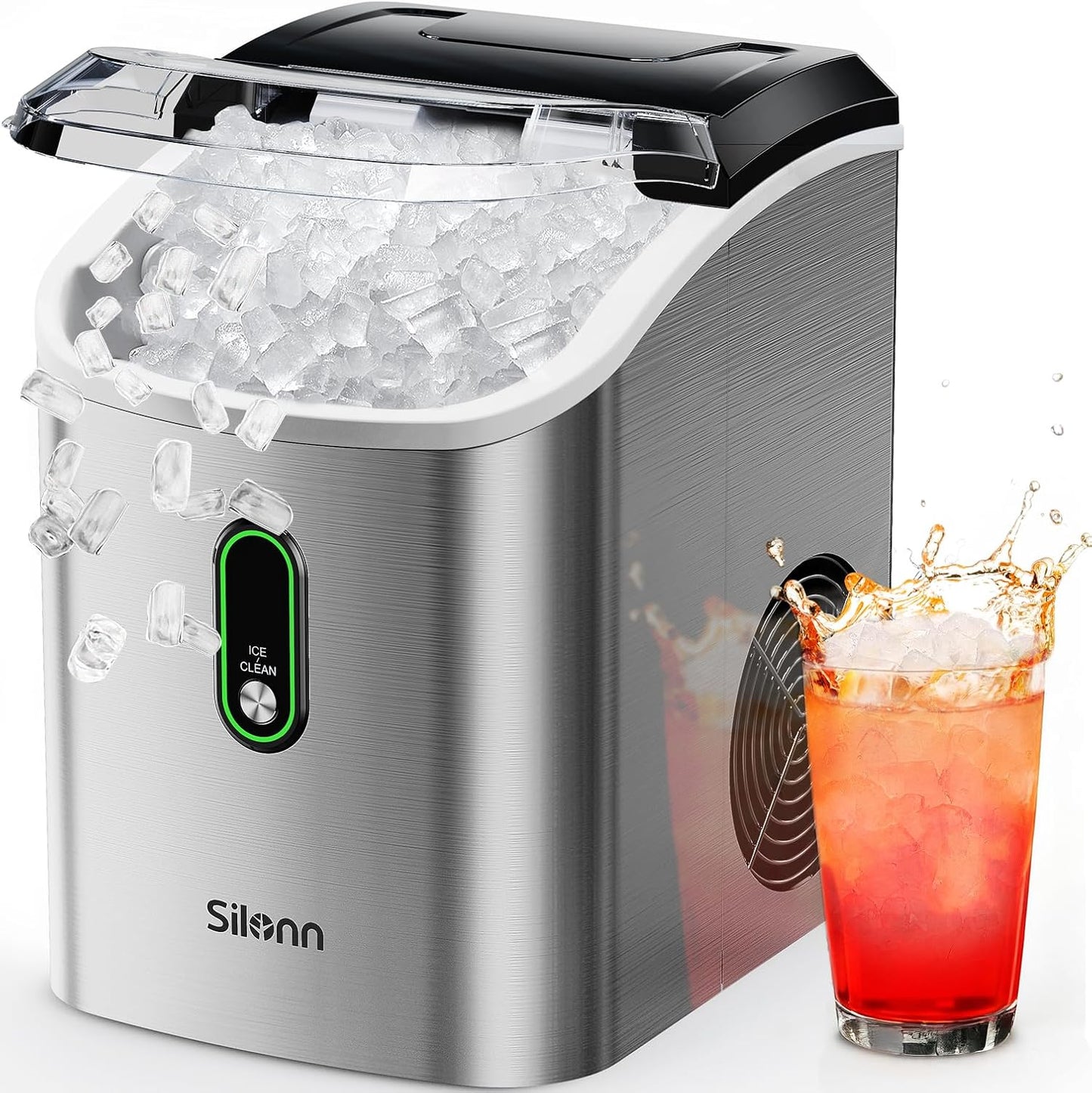 Silonn Nugget Ice Maker Countertop, Pellet Ice Machine with Self-Cleaning Function, Sonic Ice Maker Produces 33lbs of Chewable Ice in 24 Hours, Ideal for Home Kitchen and Office (Black)
